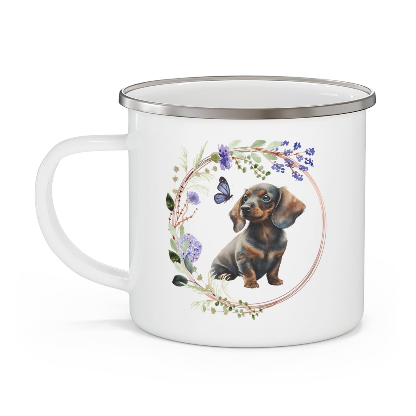 Dachshund with Periwinkle Watercolor Flowers Enamel Camping Mug