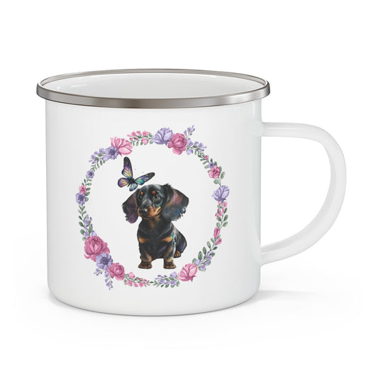 Dachshund with Pink and Purple Watercolor Flowers Enamel Camping Mug