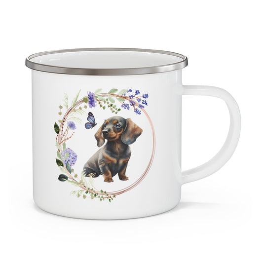 Dachshund with Periwinkle Watercolor Flowers Enamel Camping Mug