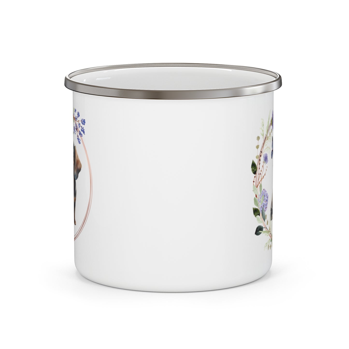 Dachshund with Periwinkle Watercolor Flowers Enamel Camping Mug