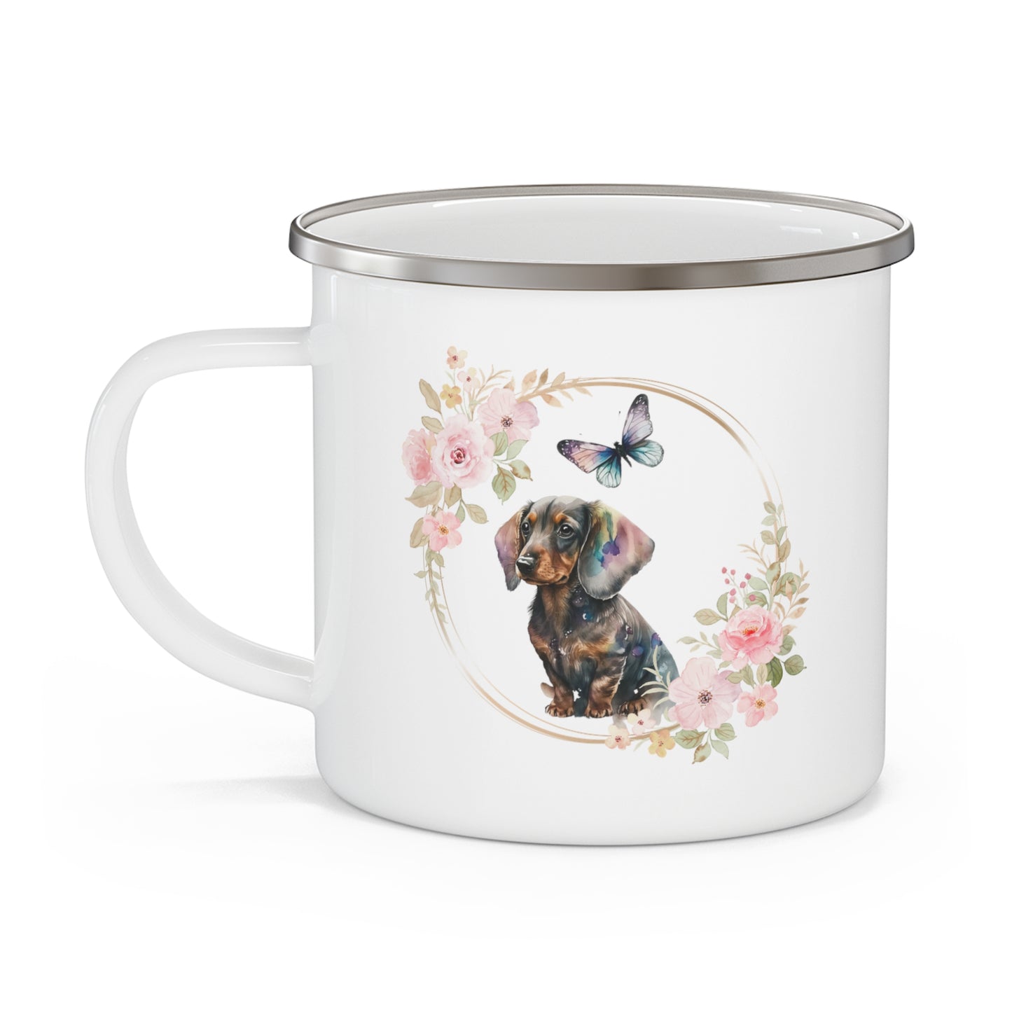 Dachshund with Pink Watercolor Flowers Enamel Camping Mug