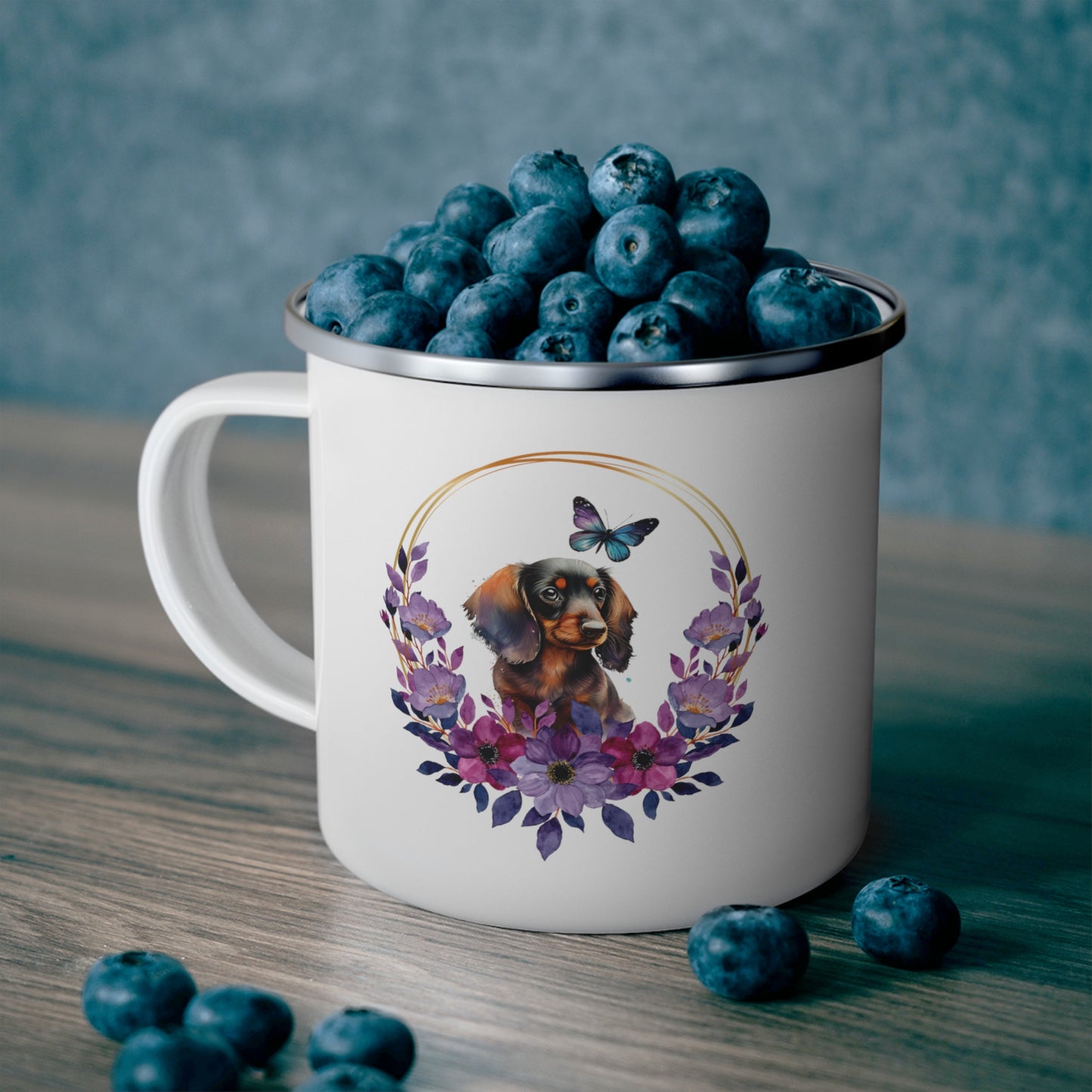 Dachshund with Purple Watercolor Flowers Enamel Camping Mug