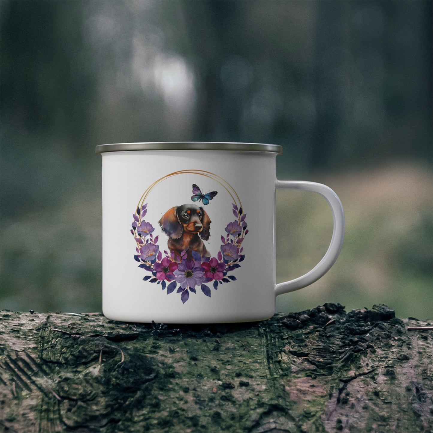 Dachshund with Purple Watercolor Flowers Enamel Camping Mug