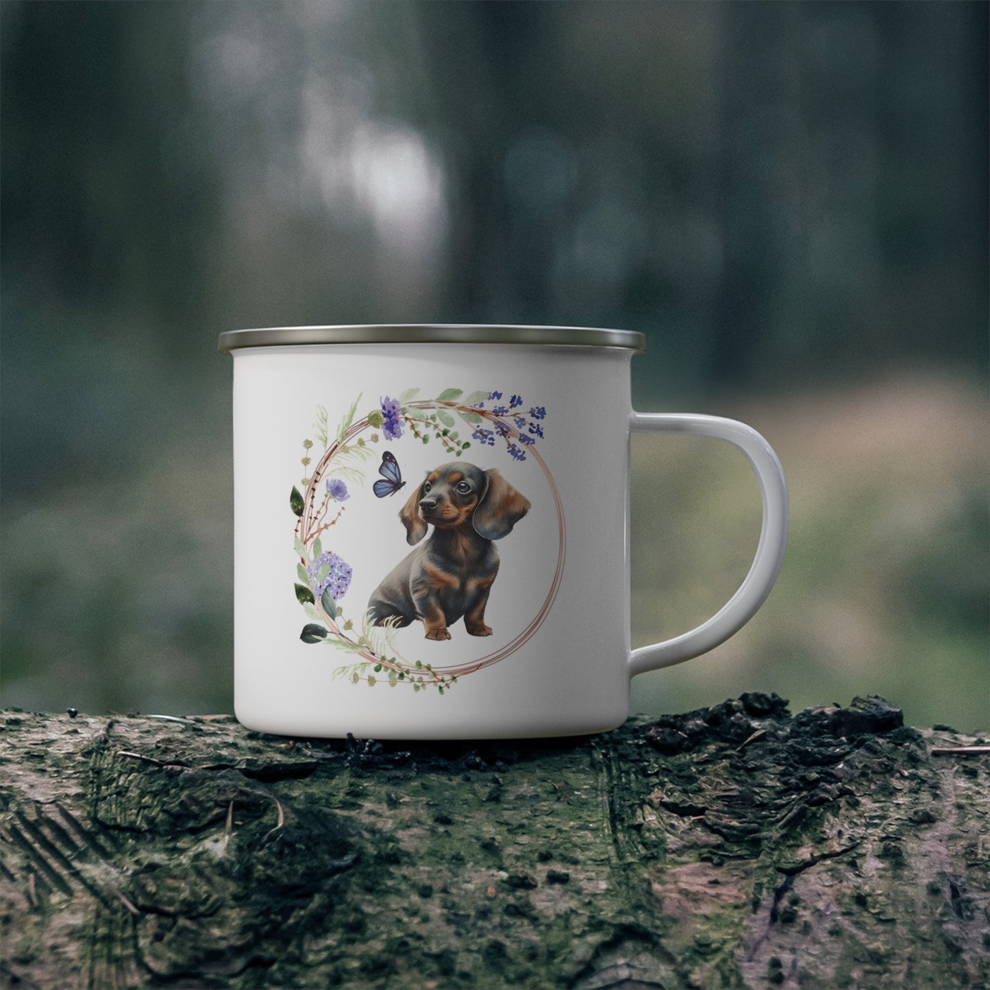 Dachshund with Periwinkle Watercolor Flowers Enamel Camping Mug