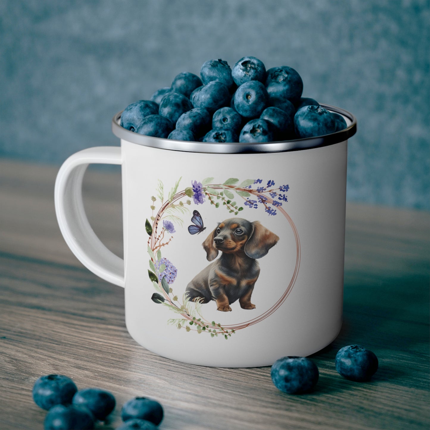 Dachshund with Periwinkle Watercolor Flowers Enamel Camping Mug