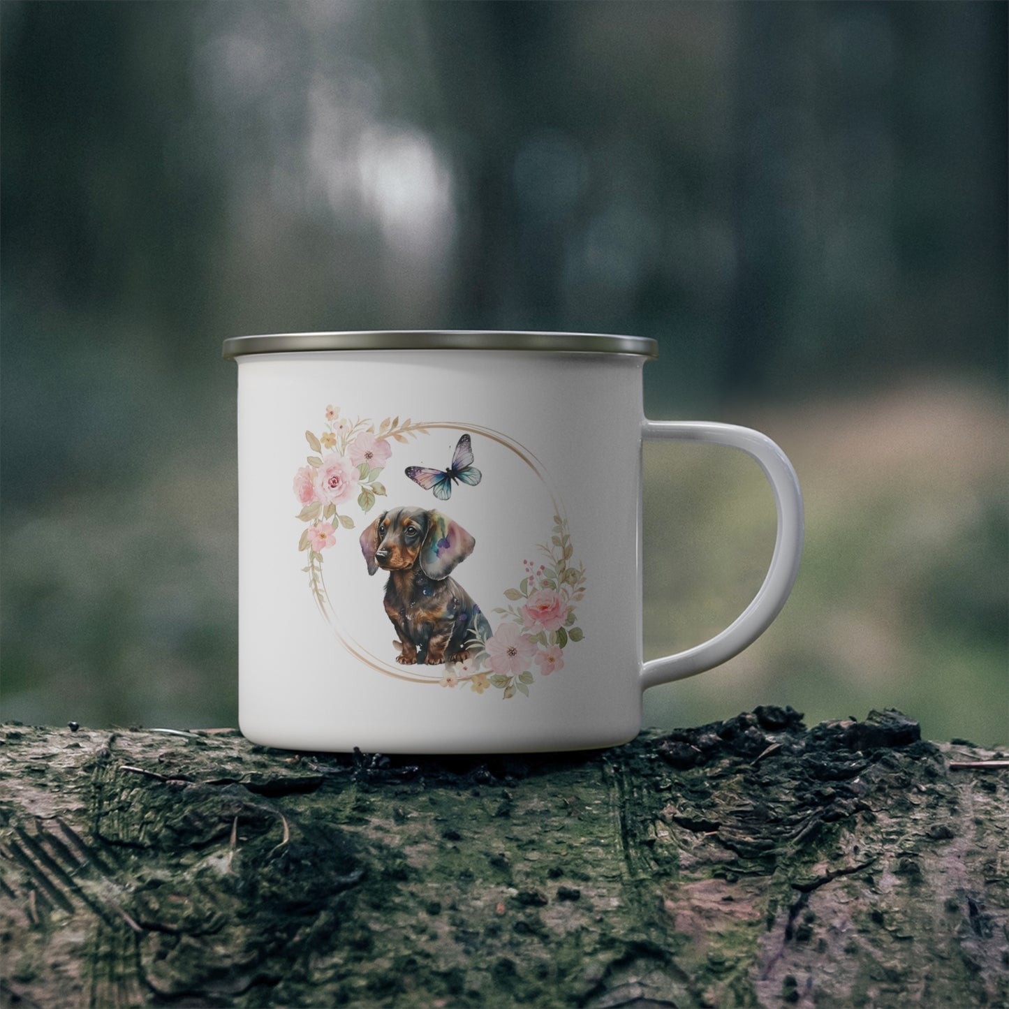 Dachshund with Pink Watercolor Flowers Enamel Camping Mug