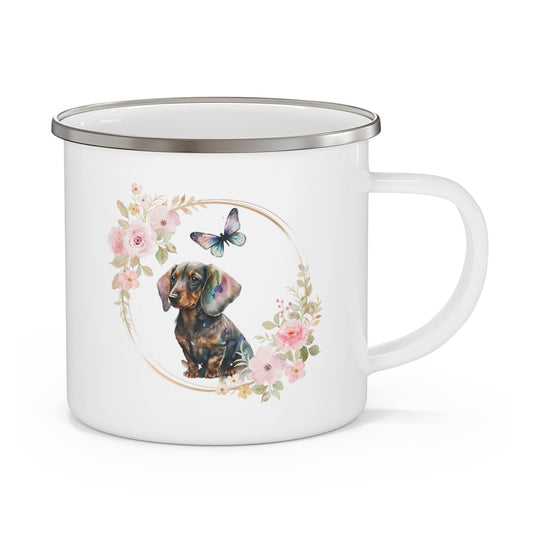 Dachshund with Pink Watercolor Flowers Enamel Camping Mug