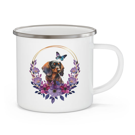 Dachshund with Purple Watercolor Flowers Enamel Camping Mug