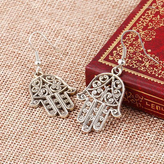 Hamsa Drop Earring 18K White Gold Plated