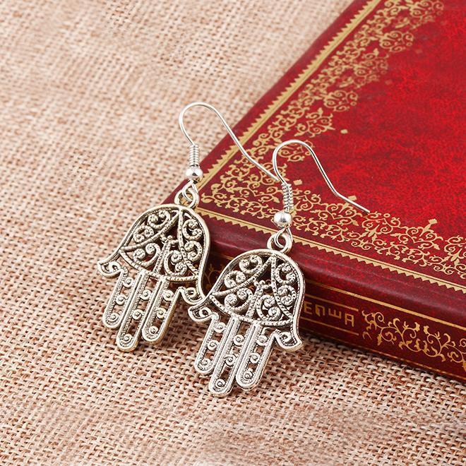 Hamsa Drop Earring 18K White Gold Plated