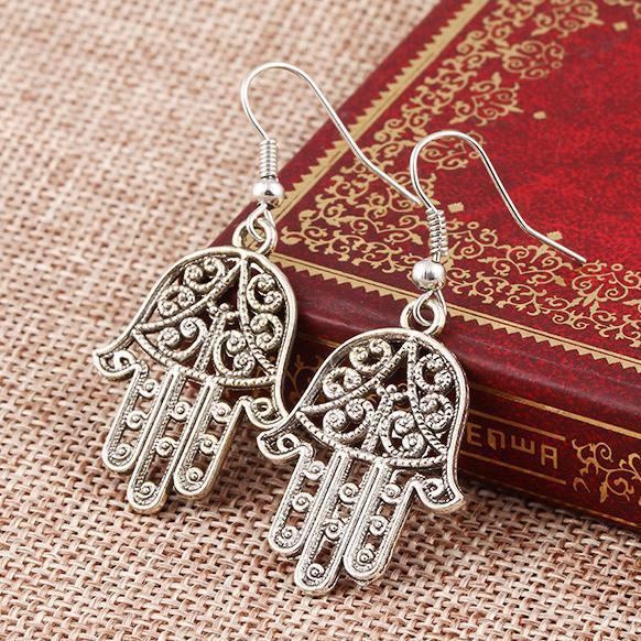 Hamsa Drop Earring 18K White Gold Plated