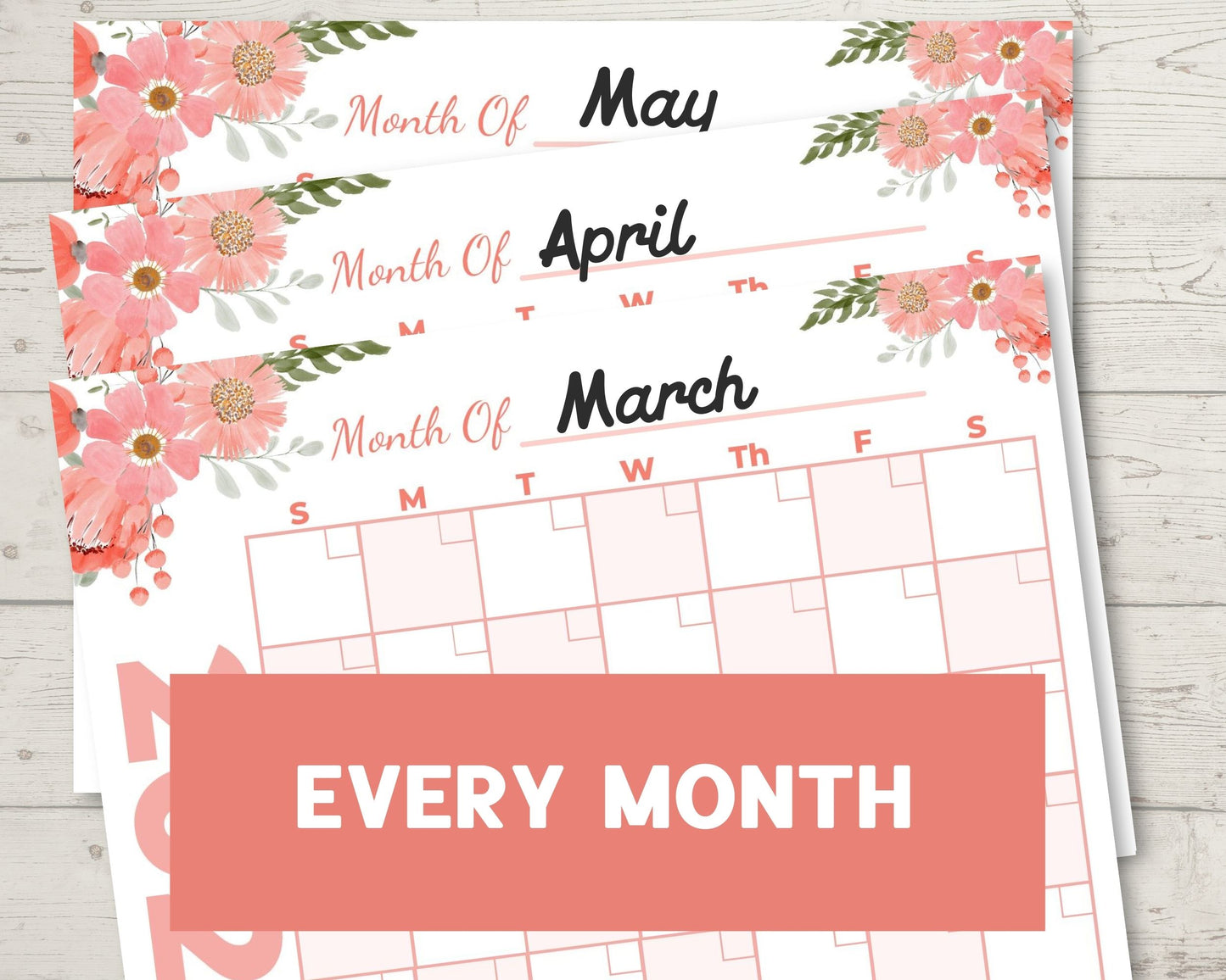 Printable Coral Colored Flowers Calendar 8.5 x 11 - 2023