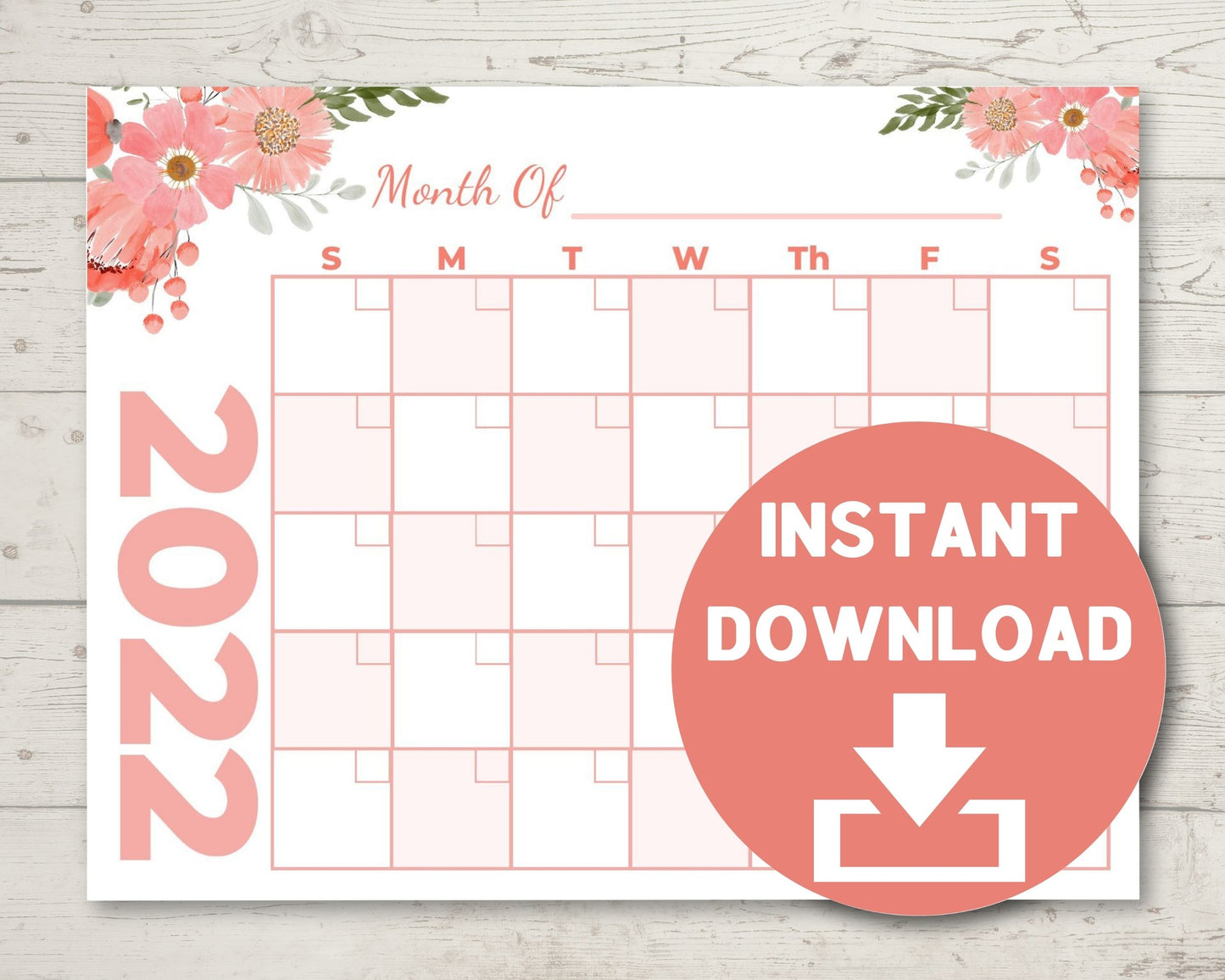 Printable Coral Colored Flowers Calendar 8.5 x 11 - 2023