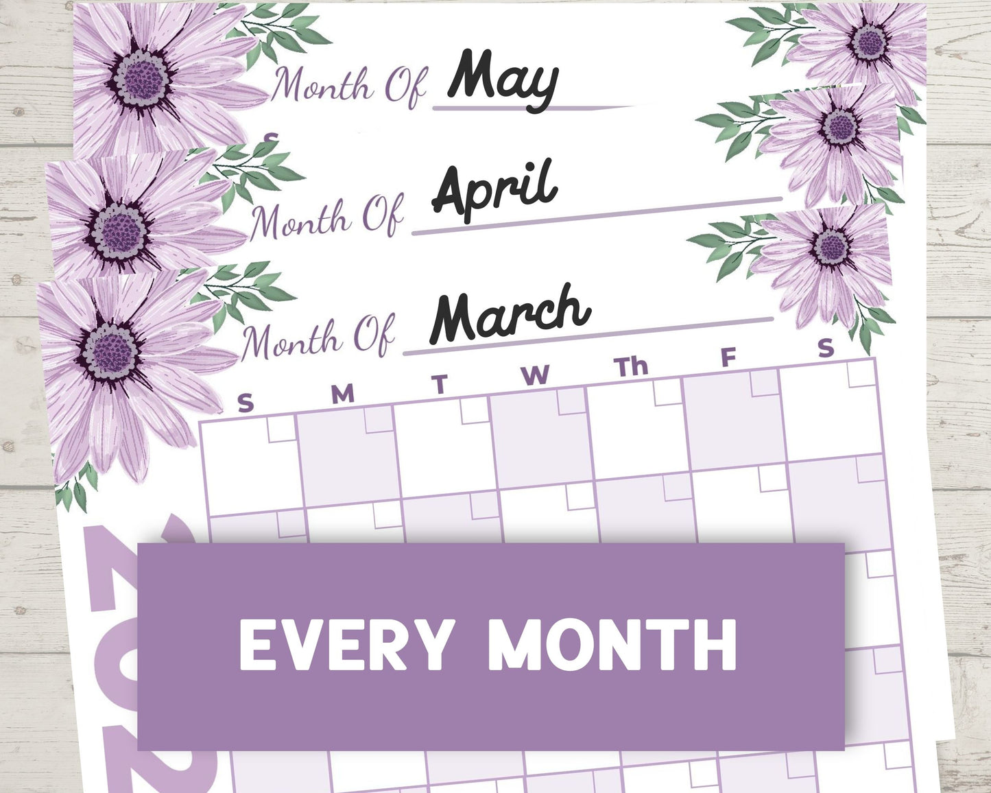 Printable Purple Daisy Calendar 8.5 x 11 - 2023