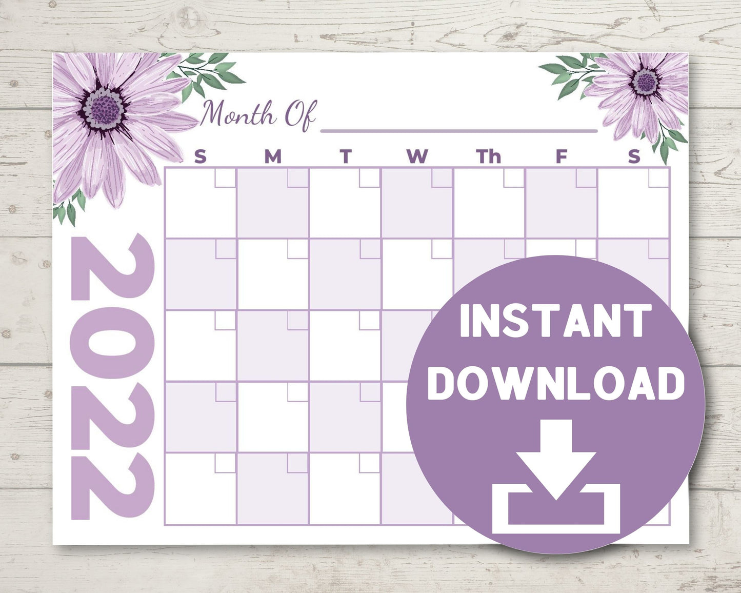 Printable Purple Daisy Calendar 8.5 x 11 - 2023