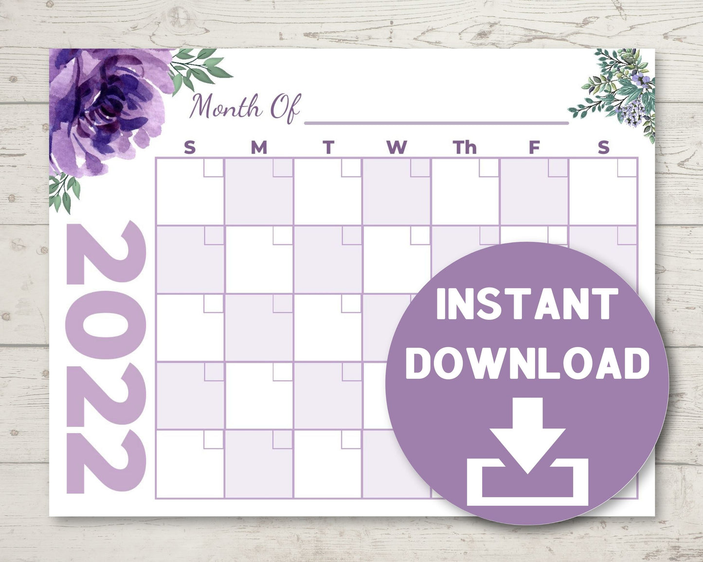 Printable Purple Watercolor Flower Calendar 8.5 x 11 - 2023