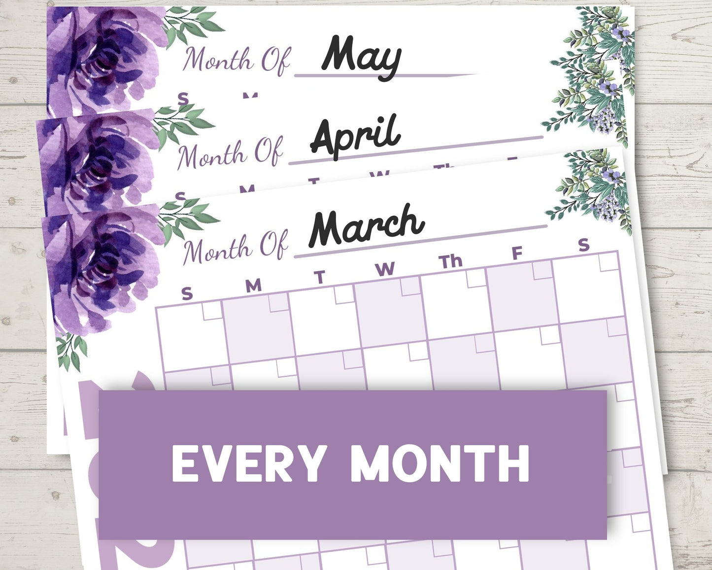 Printable Purple Watercolor Flower Calendar 8.5 x 11 - 2023