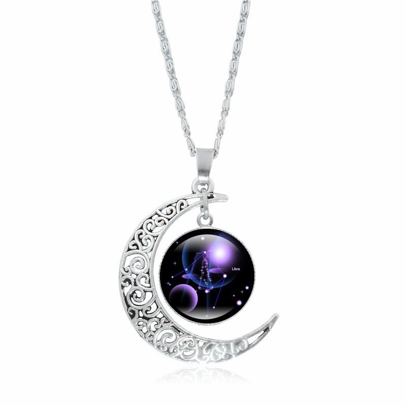 Crescent Moon Zodiac Necklaces - 12 Zodiac Signs Available, Glow In The Dark