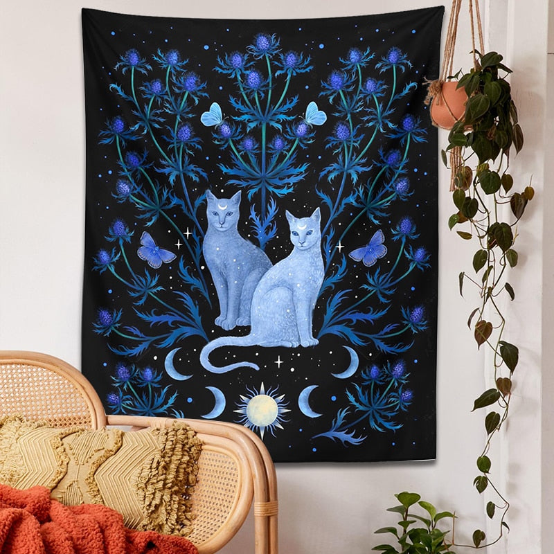 Blue Floral Cat Tapestry Wall Hanging