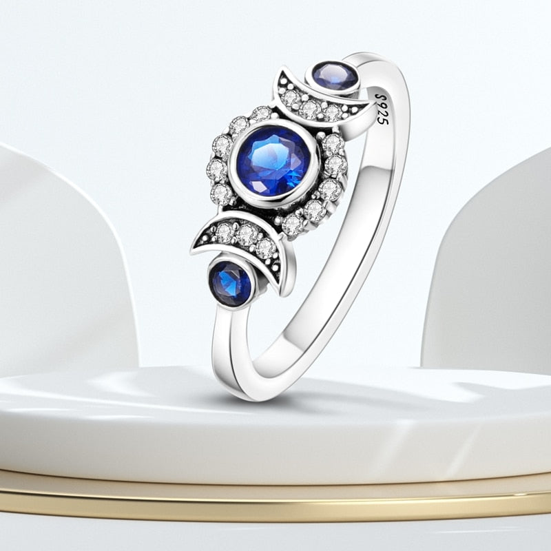 Triple Moon Goddess Silver Ring with Blue Zircon Stones