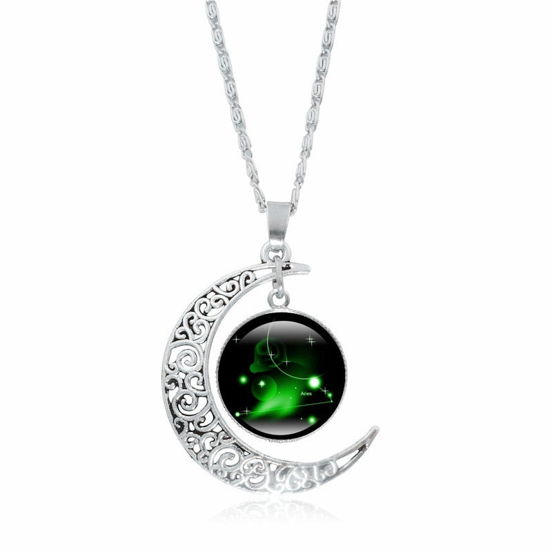 Crescent Moon Zodiac Necklaces - 12 Zodiac Signs Available, Glow In The Dark