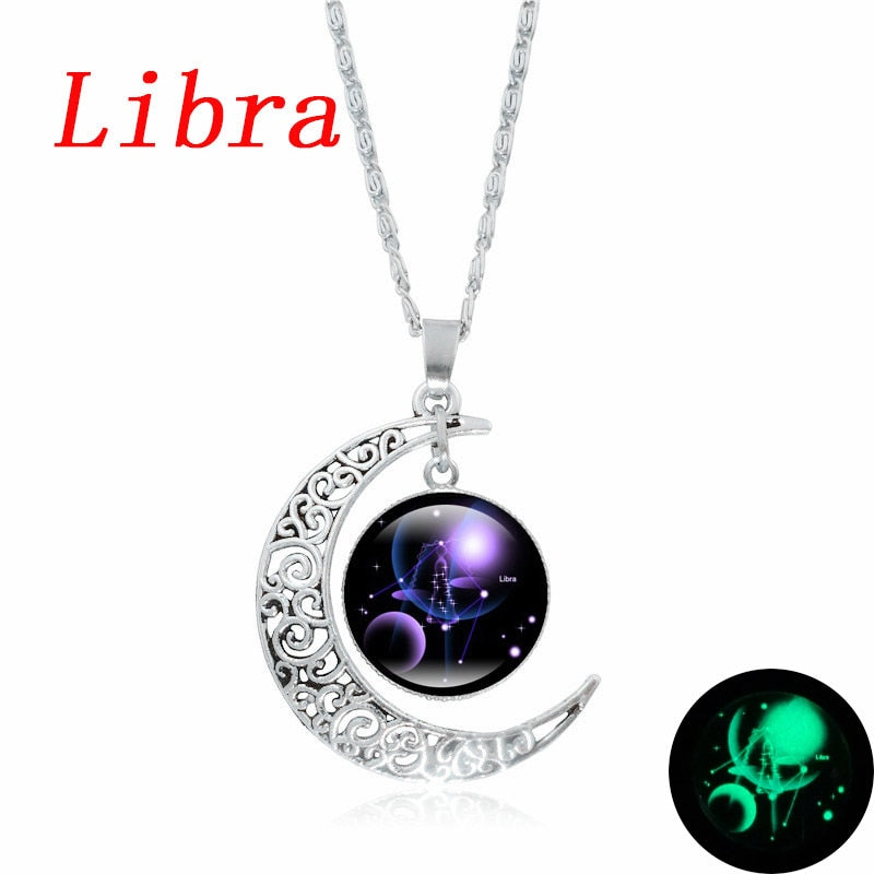 Crescent Moon Zodiac Necklaces - 12 Zodiac Signs Available, Glow In The Dark