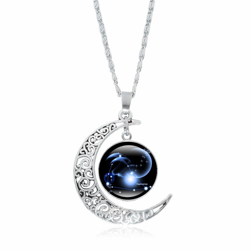 Crescent Moon Zodiac Necklaces - 12 Zodiac Signs Available, Glow In The Dark