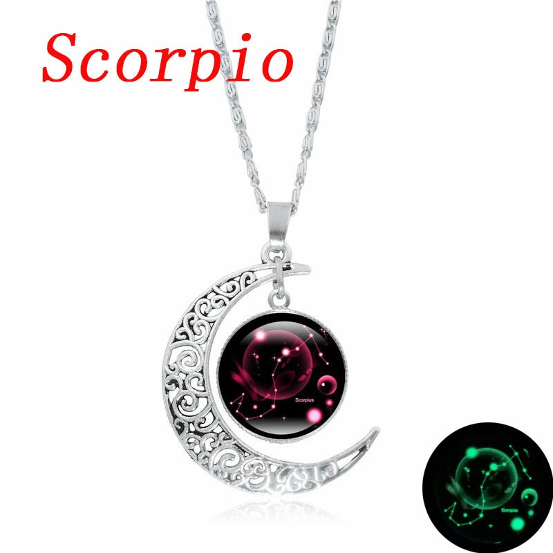 Crescent Moon Zodiac Necklaces - 12 Zodiac Signs Available, Glow In The Dark