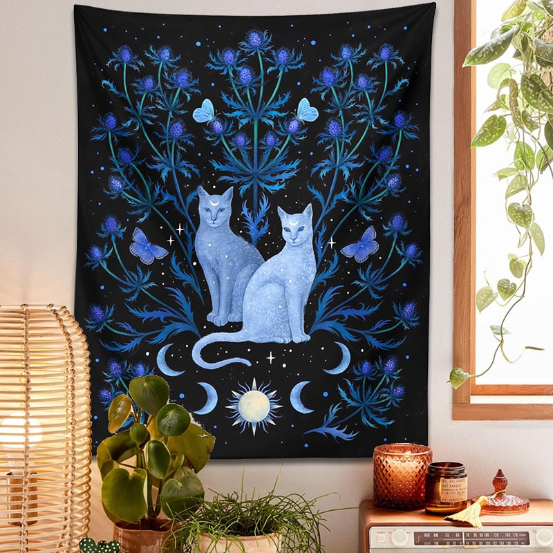 Blue Floral Cat Tapestry Wall Hanging