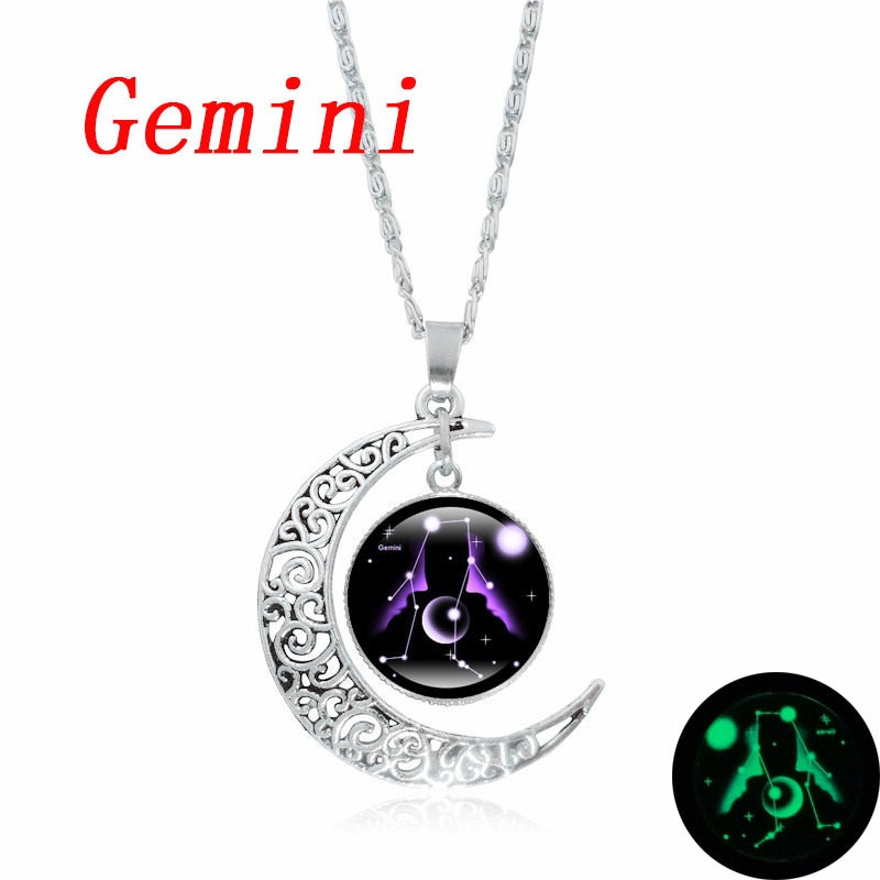 Crescent Moon Zodiac Necklaces - 12 Zodiac Signs Available, Glow In The Dark