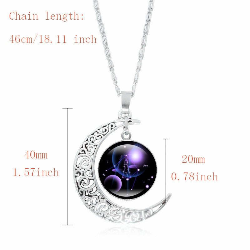 Crescent Moon Zodiac Necklaces - 12 Zodiac Signs Available, Glow In The Dark