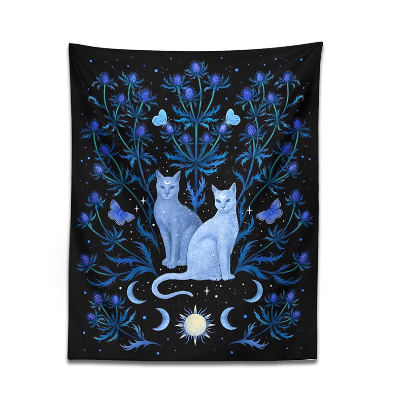 Blue Floral Cat Tapestry Wall Hanging