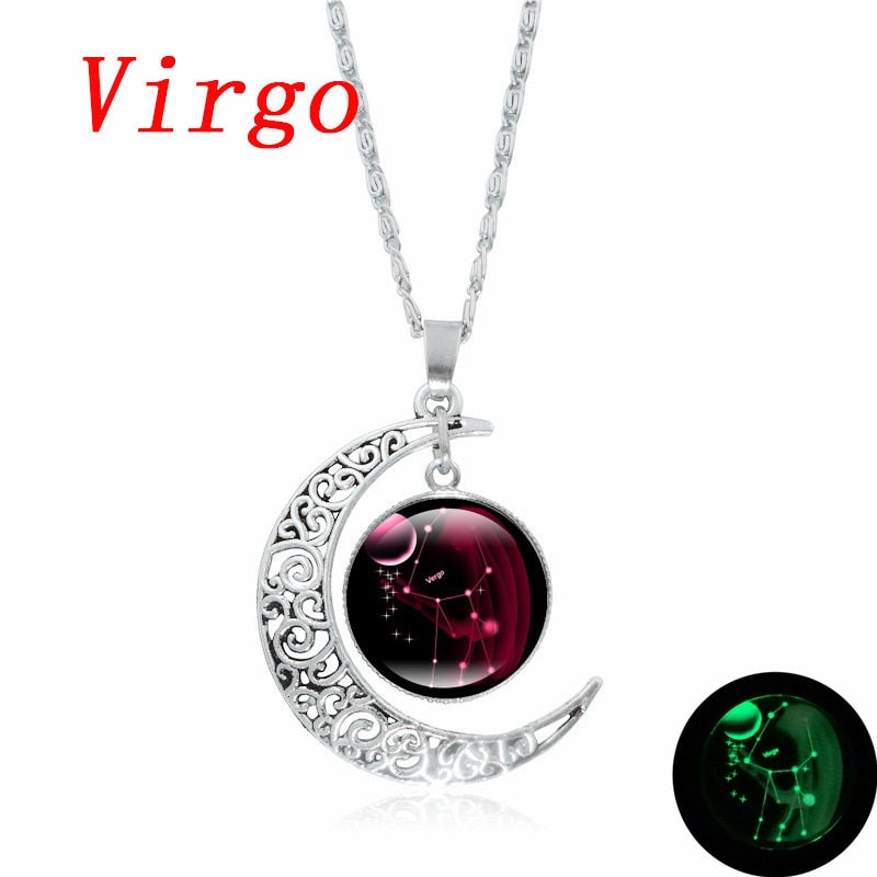 Crescent Moon Zodiac Necklaces - 12 Zodiac Signs Available, Glow In The Dark