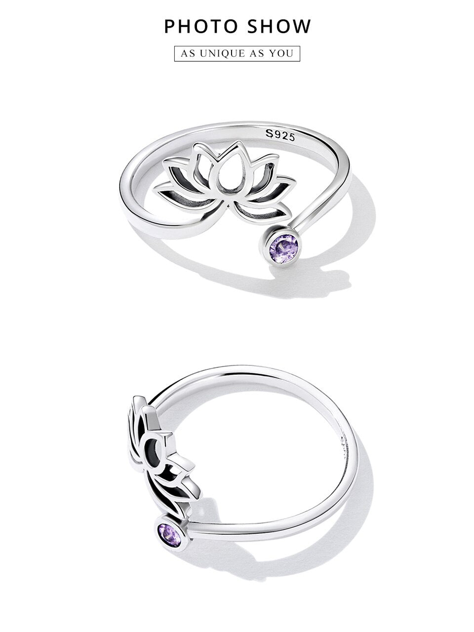 925 Sterling Silver Lotus Flower Adjustable Ring with Purple Zircon Stone