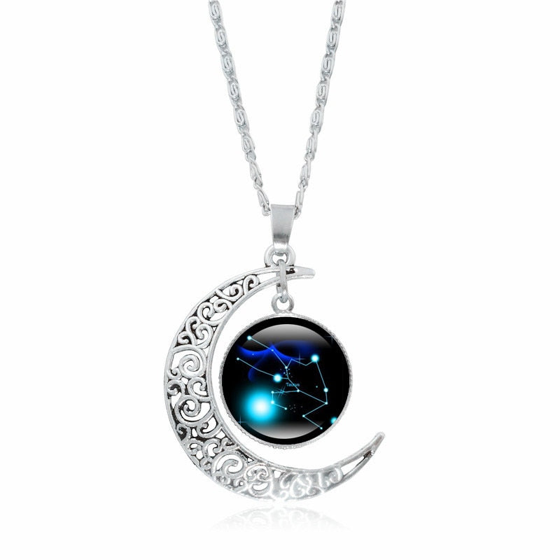 Crescent Moon Zodiac Necklaces - 12 Zodiac Signs Available, Glow In The Dark