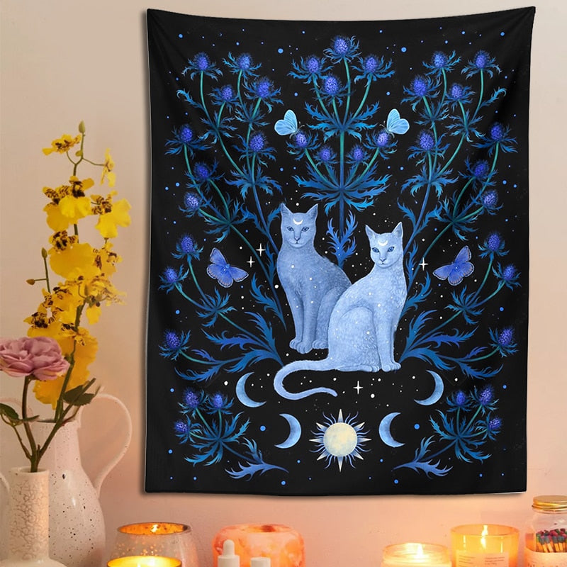 Blue Floral Cat Tapestry Wall Hanging