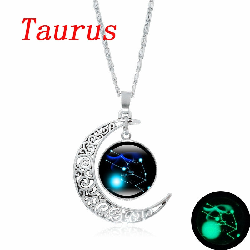 Crescent Moon Zodiac Necklaces - 12 Zodiac Signs Available, Glow In The Dark