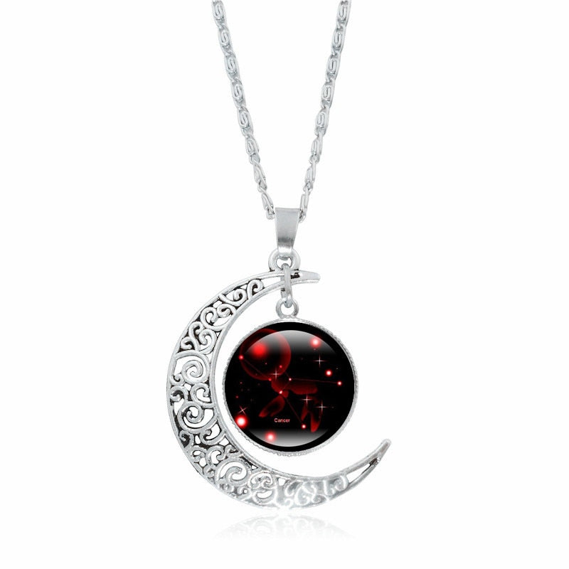 Crescent Moon Zodiac Necklaces - 12 Zodiac Signs Available, Glow In The Dark