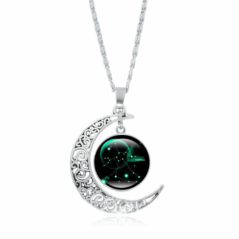 Crescent Moon Zodiac Necklaces - 12 Zodiac Signs Available, Glow In The Dark