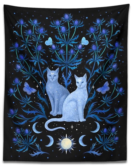 Blue Floral Cat Tapestry Wall Hanging