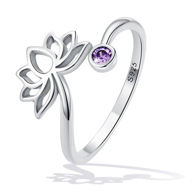 925 Sterling Silver Lotus Flower Adjustable Ring with Purple Zircon Stone