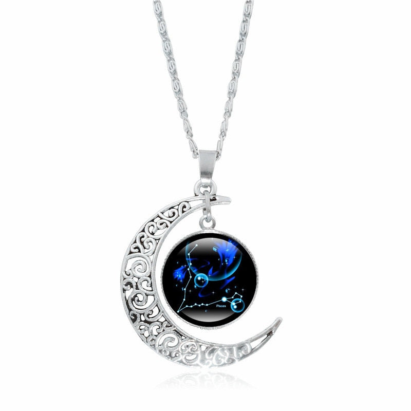 Crescent Moon Zodiac Necklaces - 12 Zodiac Signs Available, Glow In The Dark