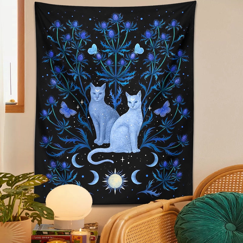 Blue Floral Cat Tapestry Wall Hanging